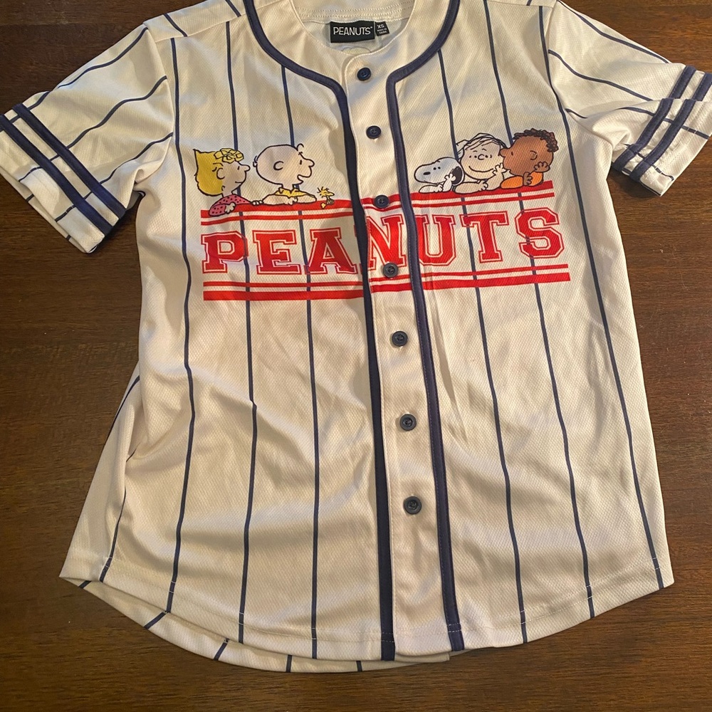 Peanuts White Navy Pinstripe Kids Baseball Jersey with Red Logo
